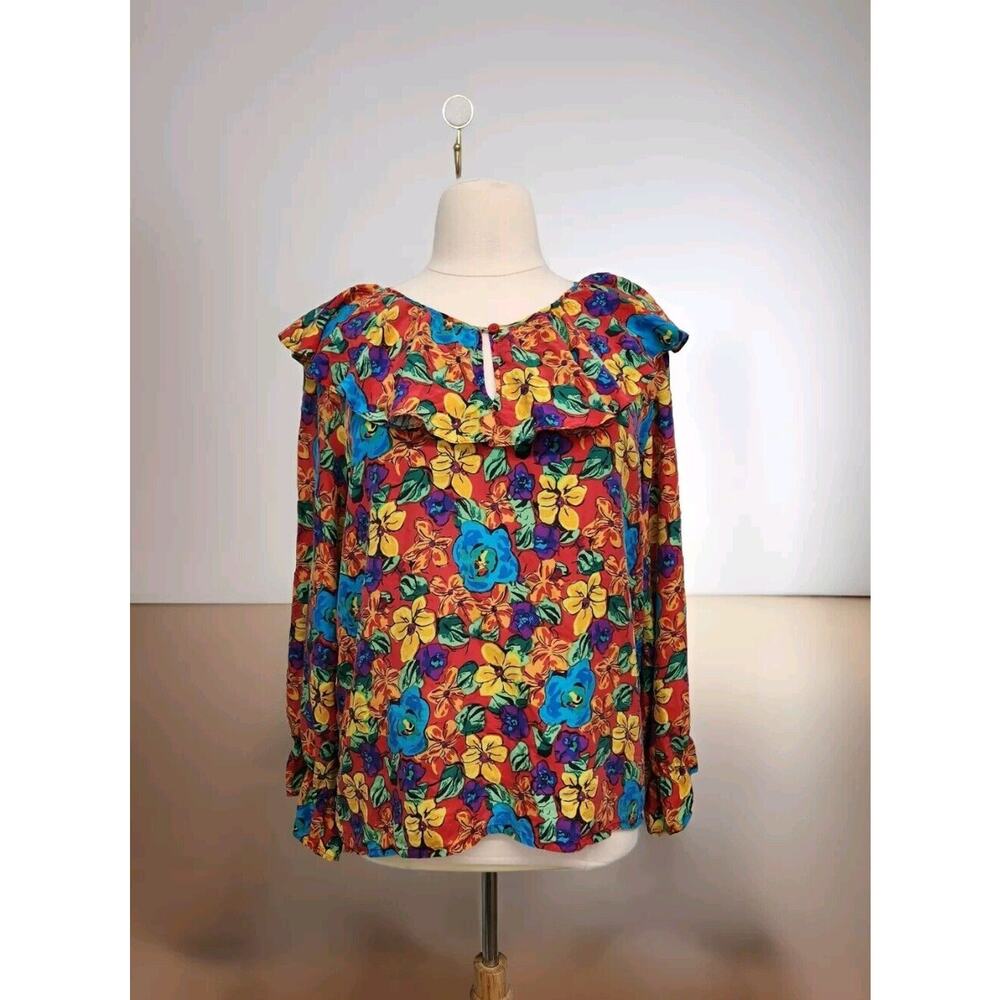 Vintage Silk Exchange 100% Silk Floral Tropical Hawaiian Ruffled Blouse Large